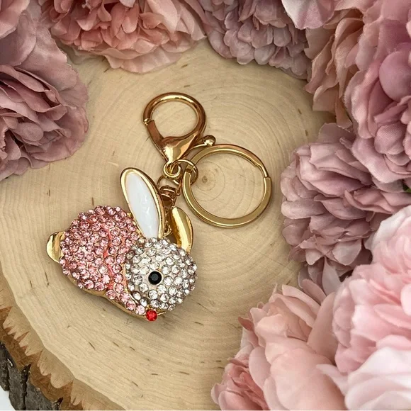 Pale Pink and Silver Crystal Bunny Rabbit Keychain Charm - Picture 6 of 12